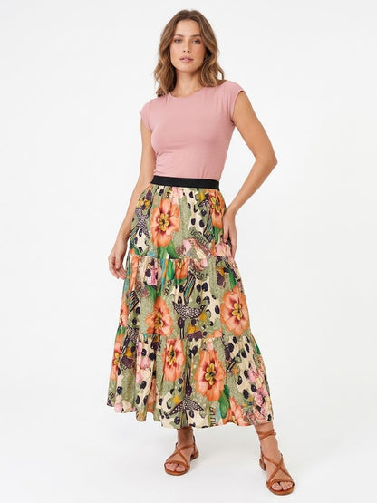 Saia Estampada Floral Multi Colorida com Babados