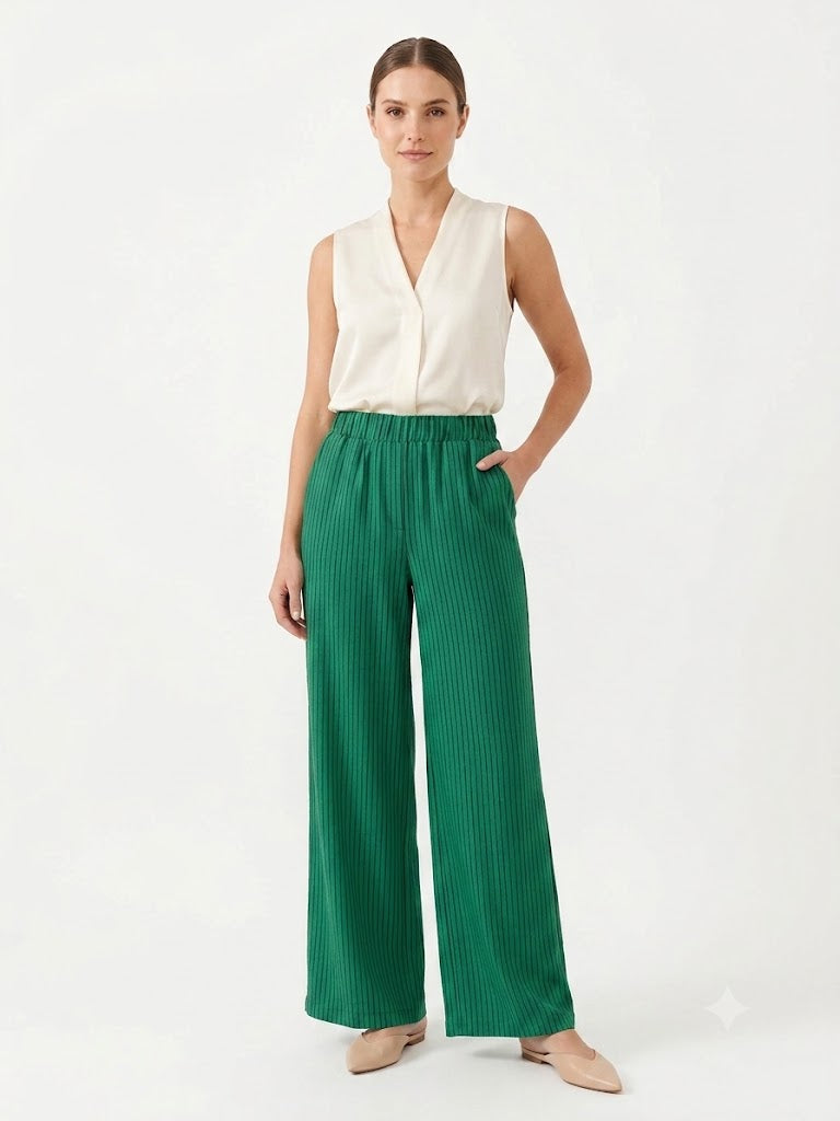 Calça Pantalona Verde com Listra Fina Preta