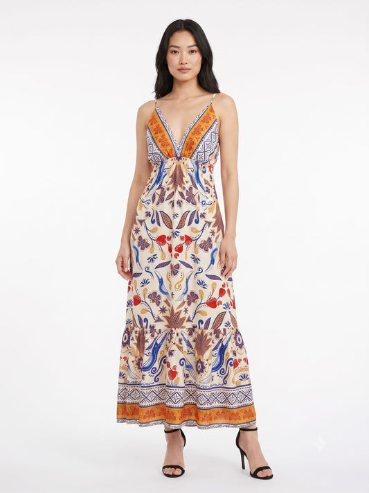 Vestido JMS Estampado Floral e Tucanos Fundo Claro