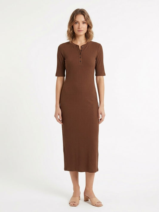 Vestido Calvin Klein Midi Canelado Marrom