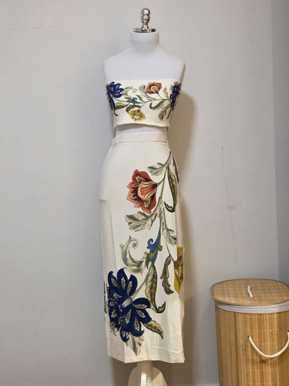 Conjunto Farm Top e Saia Longa Maitê Floral Off-White