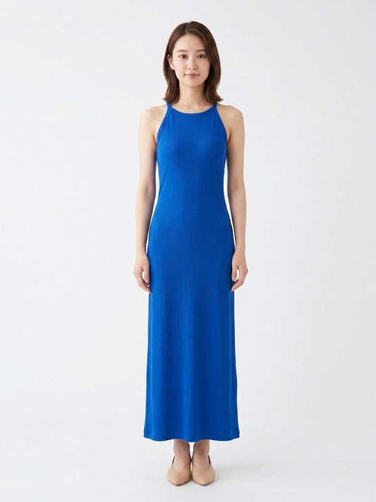 Vestido Farm Azul Liso Canelado