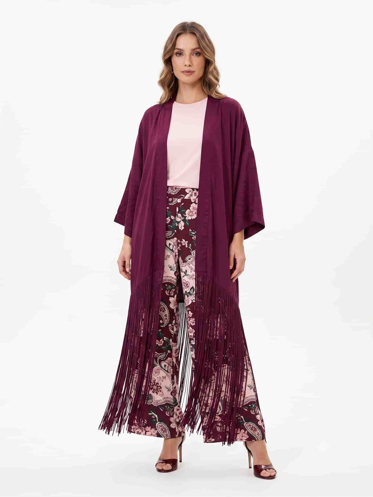 Kimono Farm Alongado Acetinado Franja Roxo