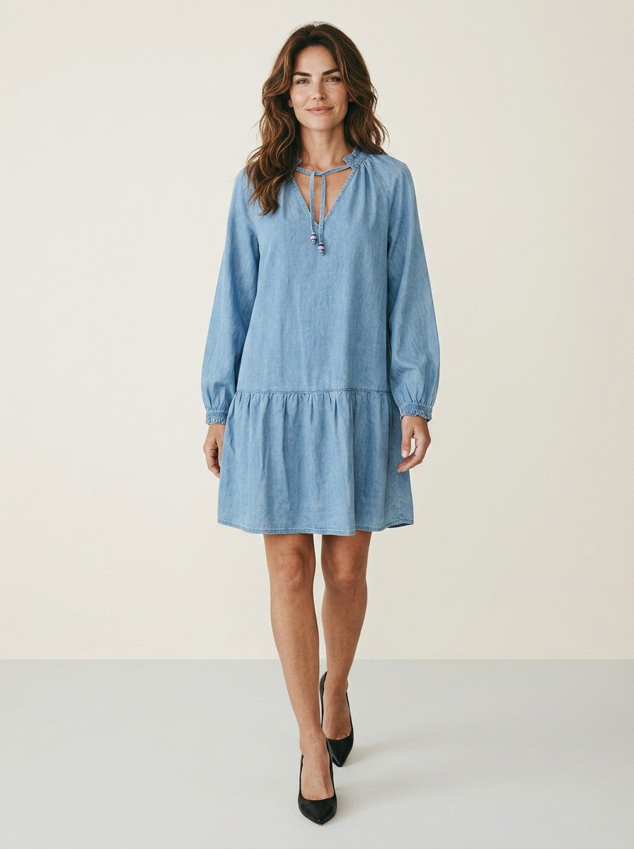 Vestido Maria Filó Curto Jeans Manga Comprida