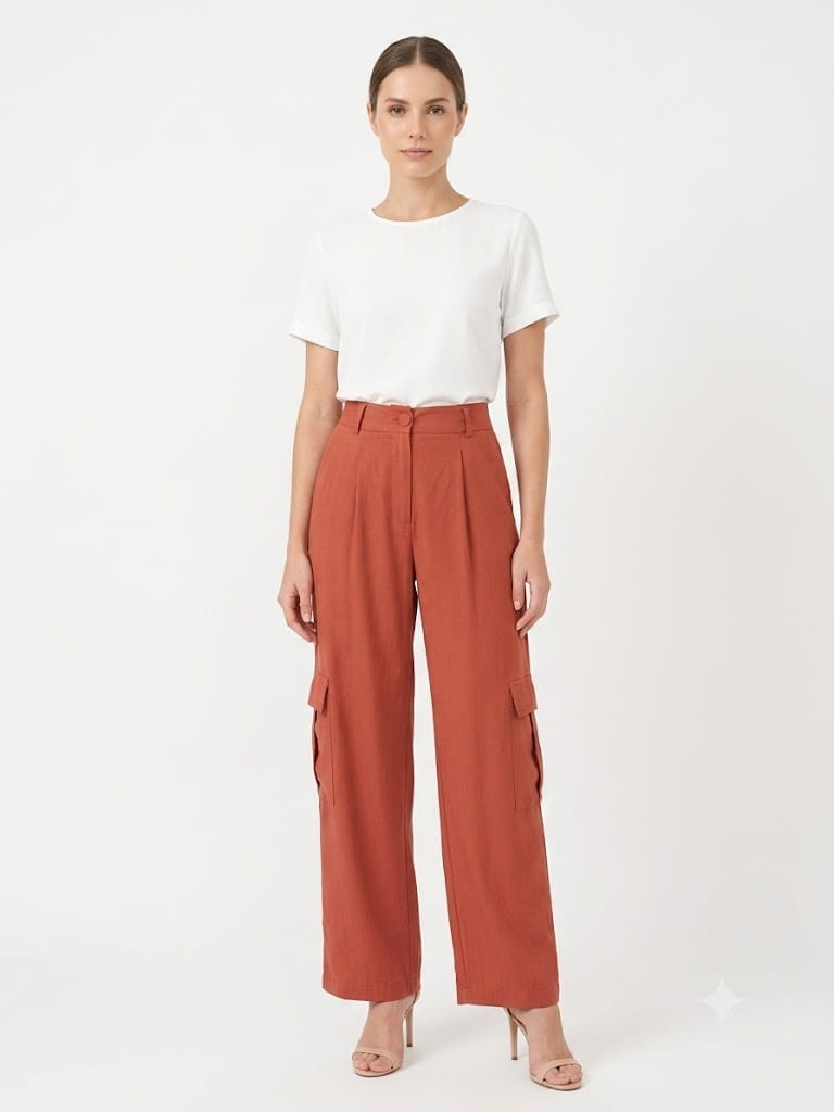 Calça Farm Reta Bolsos Laterais Vermelho Oeste
